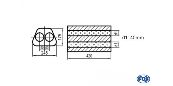 FOX Uni-Schalldämpfer Trapezoid zweiflutig - Abwicklung 711 245x175mm, d1Ø 45mm außen -, Länge: 420mm