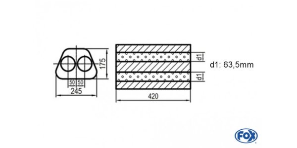 FOX Uni-Schalldämpfer Trapezoid zweiflutig - Abwicklung 711 245x175mm, d1Ø 63,5mm außen -, Länge: 420mm