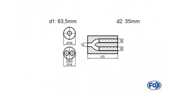 FOX Uni-Schalldämpfer rund zweiflutig mit Hose - Abwicklung 626 Ø198mm, d1Ø 63,5mm d2Ø 2x55mm, Länge: 420mm -Ø198mm