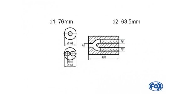 FOX Uni-Schalldämpfer rund zweiflutig mit Hose - Abwicklung 626 Ø198mm, d1Ø 76mm d2Ø 2x63,5mm, Länge: 420mm -Ø198mm