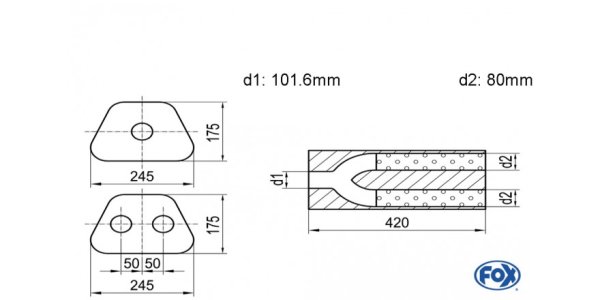 FOX Uni-Schalldämpfer trapezoid zweiflutig mit Hose - Abw. 711 245x175mm, d1Ø 101,6mm außen/ d2Ø 2x80mm außen - Länge: 420mm