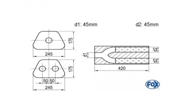 FOX Uni-Schalldämpfer trapezoid zweiflutig mit Hose - Abw. 711 245x175mm, d1Ø 45mm außen/ d2Ø 2x40mm außen - Länge: 420mm