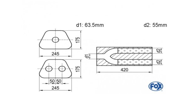 FOX Uni-Schalldämpfer trapezoid zweiflutig mit Hose - Abw. 711 245x175mm, d1Ø 63,5mm außen/ d2Ø 2x55mm außen - Länge: 420mm