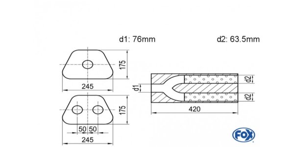 FOX Uni-Schalldämpfer trapezoid zweiflutig mit Hose - Abw. 711 245x175mm, d1Ø 76mm d2Ø 63,5mm, Länge: 420mm