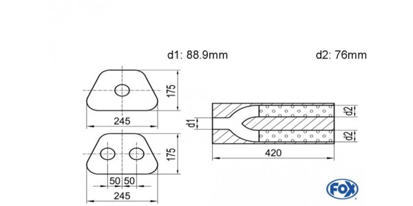 FOX Uni-Schalldämpfer trapezoid zweiflutig mit Hose - Abw. 711 245x175mm, d1Ø 88,9mm innen/ 2x d2Ø 70mm innen, Länge: 420mm