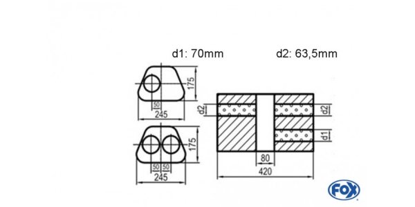 FOX Uni-Silencer Trapezoid double flow with chamber - Abw. 711 245x175mm, d1Ø 70mm d2Ø 60mm, length: 420mm - variant 1