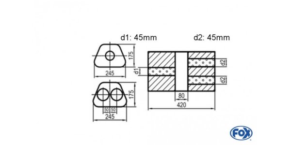 FOX Uni-Silencer Trapezoid double flow with chamber - Abw. 711 245x175mm, d1Ø 45mm d2Ø 40mm, length: 420mm - variant 2