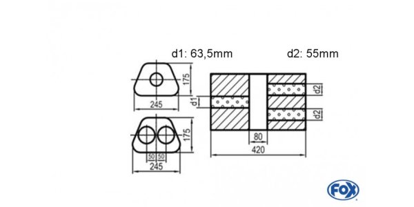 FOX Uni-Silencer Trapezoid double flow with chamber - Abw. 711 245x175mm, d1Ø 63,5mm d2Ø 55mm, length: 420mm - variant 2