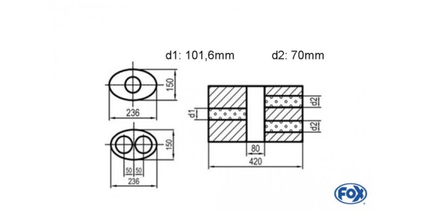 FOX Uni-Silencer oval double flow with chamber - Abw. 618 236x150mm, d1Ø 101,6mm d2Ø 70mm, length: 420mm - variant 2