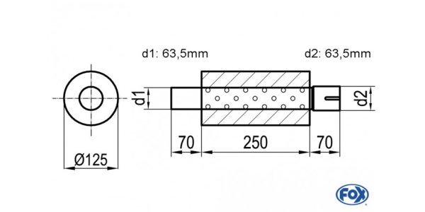 FOX Uni-Schalldämpfer rund mit Stutzen - Abwicklung 390 Ø 125mm, d1Ø 63,5mm d2Ø 64mm, Länge: 250mm