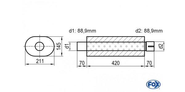 FOX Uni-Silencer oval with Nozzle - completion 585 211x145mm, d1Ø88,9mm outside - d2Ø88,9mm inside - length: 420mm