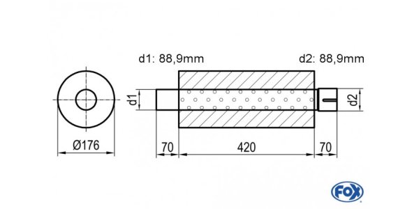 FOX Uni-Schalldämpfer rund mit Stutzen - Abwicklung 556 Ø 176mm, d1Ø 80mm außen - d2Ø 80mm innen - Länge: 420mm