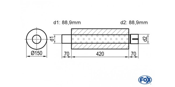 FOX Uni-Schalldämpfer rund mit Stutzen - Abwicklung 466 Ø 150mm, d1Ø 88,9mm -, Länge: 420mm