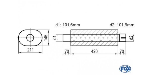 FOX Uni-Schalldämpfer oval mit Stutzen - Abwicklung 585 211x145mm, d1Ø 101 mm außen - d2Ø 101mm innen - Länge: 420mm