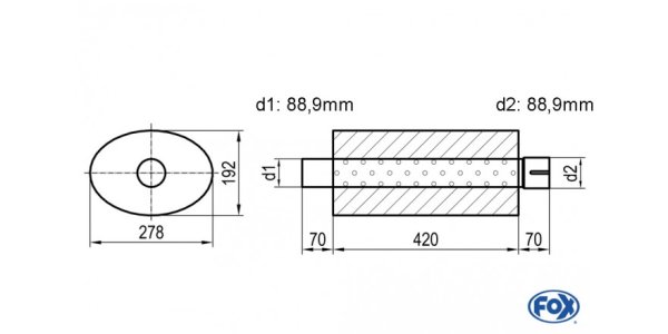 FOX Uni-Schalldämpfer oval mit Stutzen - Abwicklung 754 278x192mm, d1Ø 88,9mm d2Ø 88,9mm, Länge: 420mm