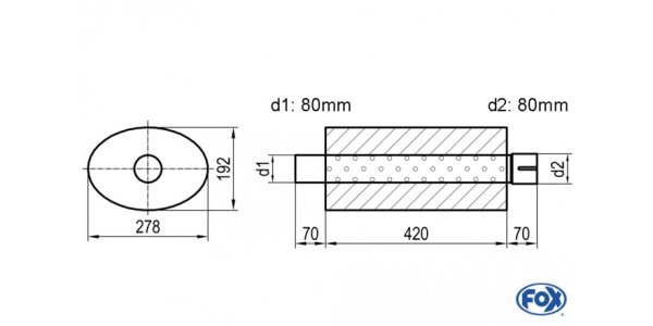 FOX Uni-Schalldämpfer oval mit Stutzen - Abwicklung 754 278x192mm, d1Ø 80mm d2Ø 80mm, Länge: 420mm