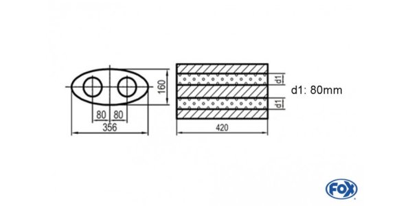 FOX Uni-Schalldämpfer oval zweiflutig - Abwicklung 818 356x160mm, d1Ø 80mm, Länge: 420mm