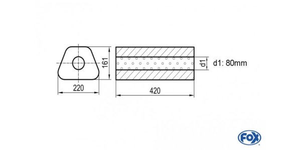 FOX Uni-Schalldämpfer Trapezoid ohne Stutzen - Abwicklung 644 220x161mm, d1Ø 80mm, Länge: 420mm