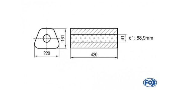 FOX Uni-Schalldämpfer Trapezoid ohne Stutzen - Abwicklung 644 220x161mm, d1Ø 88,9mm, Länge: 420mm