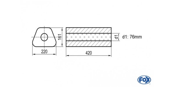 FOX Uni-Schalldämpfer Trapezoid ohne Stutzen - Abwicklung 644 220x161mm, d1Ø 76mm, Länge: 420mm