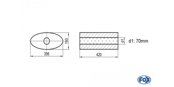 FOX Uni-Schalldämpfer oval ohne Stutzen - Abwicklung 818 356x160mm, d1Ø 70mm, Länge: 420mm