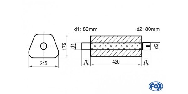 FOX Uni-Schalldämpfer Trapezoid mit Stutzen - Abwicklung 711 245x175mm, d1Ø 80mm außen - d2Ø 80mm innen - Länge: 420mm