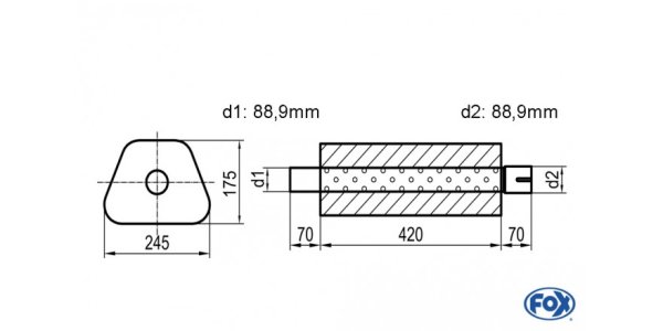 FOX Uni-Schalldämpfer Trapezoid mit Stutzen - Abwicklung 711 245x175mm, d1Ø 88,9mm außen - d2Ø 88,9mm innen - Länge: 420mm