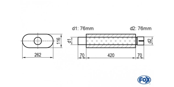 FOX Uni-Schalldämpfer oval mit Stutzen - Abwicklung 650 262x116mm, d1Ø 76mm d2Ø 76,5mm, Länge: 420mm