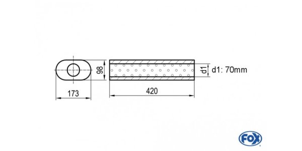 FOX Uni-Schalldämpfer oval ohne Stutzen - Abwicklung 450 173x98mm, d1Ø 70mm, Länge: 420mm