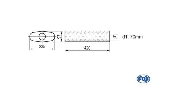 FOX Uni-Schalldämpfer oval ohne Stutzen - Abwicklung 558 235x97mm, d1Ø 70mm, Länge: 420mm