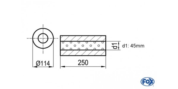 FOX Uni-Schalldämpfer rund ohne Stutzen - Abwicklung 355 Ø 114mm, d1Ø 45mm, Länge: 250mm
