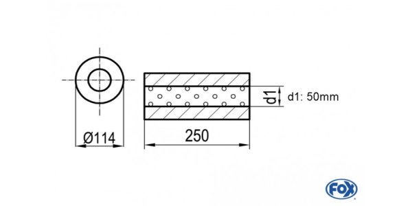 FOX Uni-Schalldämpfer rund ohne Stutzen - Abwicklung 355 Ø 114mm, d1Ø 50mm, Länge: 250mm