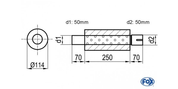 FOX Uni-Silencer around with Nozzle - completion 355 Ø 114mm, d1Ø 50mm d2Ø 50,5mm, length: 250mm