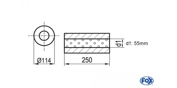 FOX Uni-Schalldämpfer rund ohne Stutzen - Abwicklung 355 Ø 114mm, d1Ø 55mm, Länge: 250mm