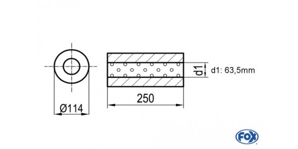 FOX Uni-Schalldämpfer rund ohne Stutzen - Abwicklung 355 Ø 114mm, d1Ø 63,5mm, Länge: 250mm