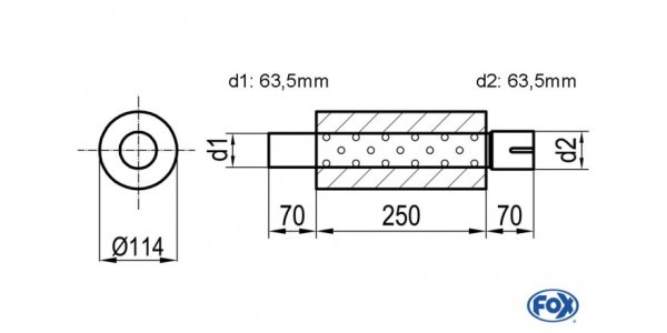 FOX Uni-Silencer around with Nozzle - completion 355 Ø 114mm, d1Ø 63,5mm d2Ø 64mm, length: 250mm