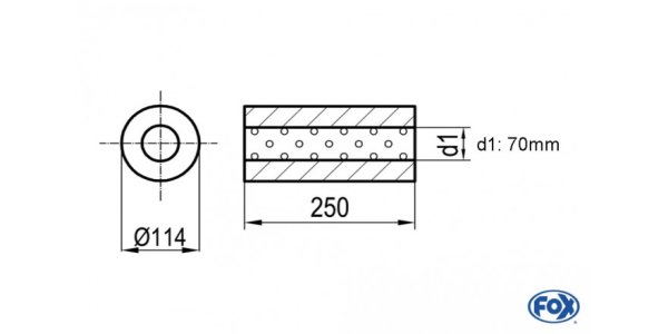 FOX Uni-Schalldämpfer rund ohne Stutzen - Abwicklung 355 Ø 114mm, d1Ø 70mm, Länge: 250mm