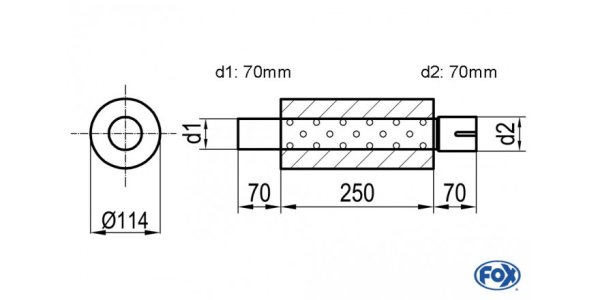 FOX Uni-Schalldämpfer rund mit Stutzen - Abwicklung 355 Ø 114mm, d1Ø 70mm d2Ø 70,5mm, Länge: 250mm