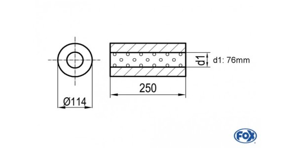 FOX Uni-Schalldämpfer rund ohne Stutzen - Abwicklung 355 Ø 114mm, d1Ø 76mm, Länge: 250mm