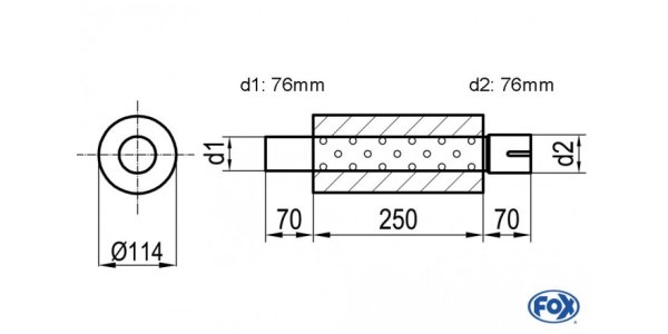 FOX Uni-Schalldämpfer rund mit Stutzen - Abwicklung 355 Ø 114mm, d1Ø 76mm d2Ø 76,5mm, Länge: 250mm