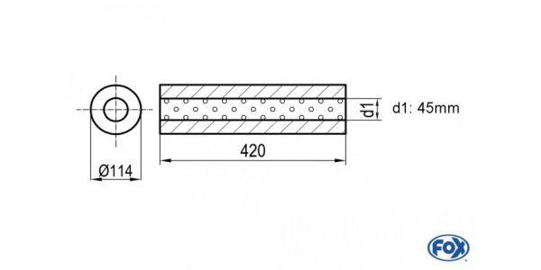 FOX Uni-Schalldämpfer rund ohne Stutzen - Abwicklung 355 Ø 114mm, d1Ø 45mm, Länge: 420mm