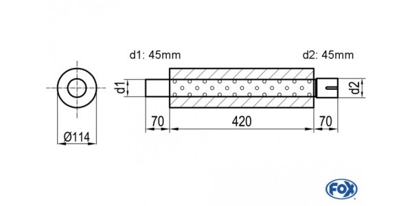 FOX Uni-Schalldämpfer rund mit Stutzen - Abwicklung 355 Ø 114mm, d1Ø 45mm d2Ø 45,5mm, Länge: 420mm