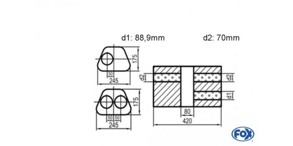 FOX Uni-Schalldämpfer Trapezoid zweiflutig mit Kammer - Abw. 711 245x175mm, d1Ø 88,9mm d2Ø 70mm, Länge: 420mm - Variante 1