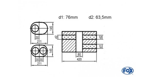 FOX Uni-Schalldämpfer oval zweiflutig mit Kammer -Abwicklung 585 211x145mm, d1Ø 70mm d2Ø 63,5mm, Länge: 420mm - Variante 1