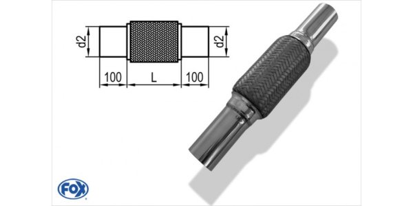 FOX Flexibles Rohr Interlock - Ø63mm - Länge: 200mm + Stutzen Innenleben besteht aus Edelstahlwellrohr - Außenhülle ist Edelstahlgeflecht - Mit Edelstahl-Schlussrohren zum Anschweißen - d2 (innen): variabel (muss separat angegeben werden!)