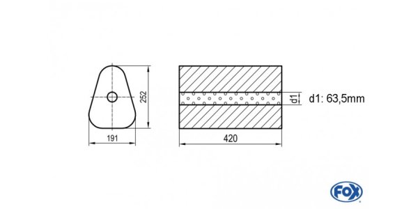 FOX Uni-Schalldämpfer Dreieckig ohne Stutzen - Abwicklung 725 191x252mm, d1Ø 63,5mm außen - Länge: 420mm