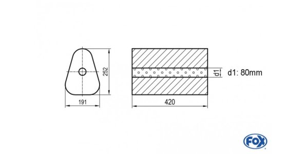 FOX Uni-Schalldämpfer Dreieckig ohne Stutzen - Abwicklung 725 191x252mm, d1Ø 80mm außen - Länge: 420mm