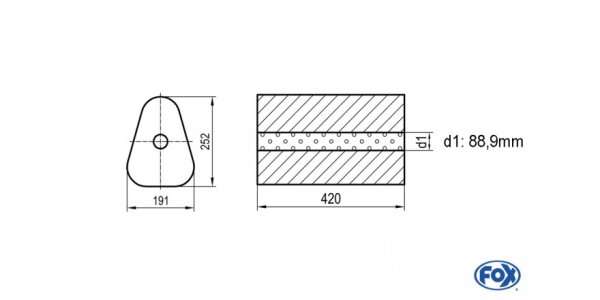 FOX Uni-Schalldämpfer Dreieckig ohne Stutzen - Abwicklung 725 191x252mm, d1Ø 88,9mm außen - Länge: 420mm