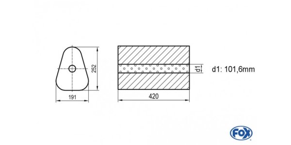 FOX Uni-Schalldämpfer Dreieckig ohne Stutzen - Abwicklung 725 191x252mm, d1Ø 101,6mm außen - Länge: 420mm