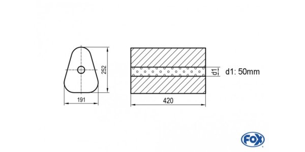 FOX Uni-Silencer triangular w/o Nozzle - completion 725 191x252mm, d1Ø 50mm outside - length: 420mm